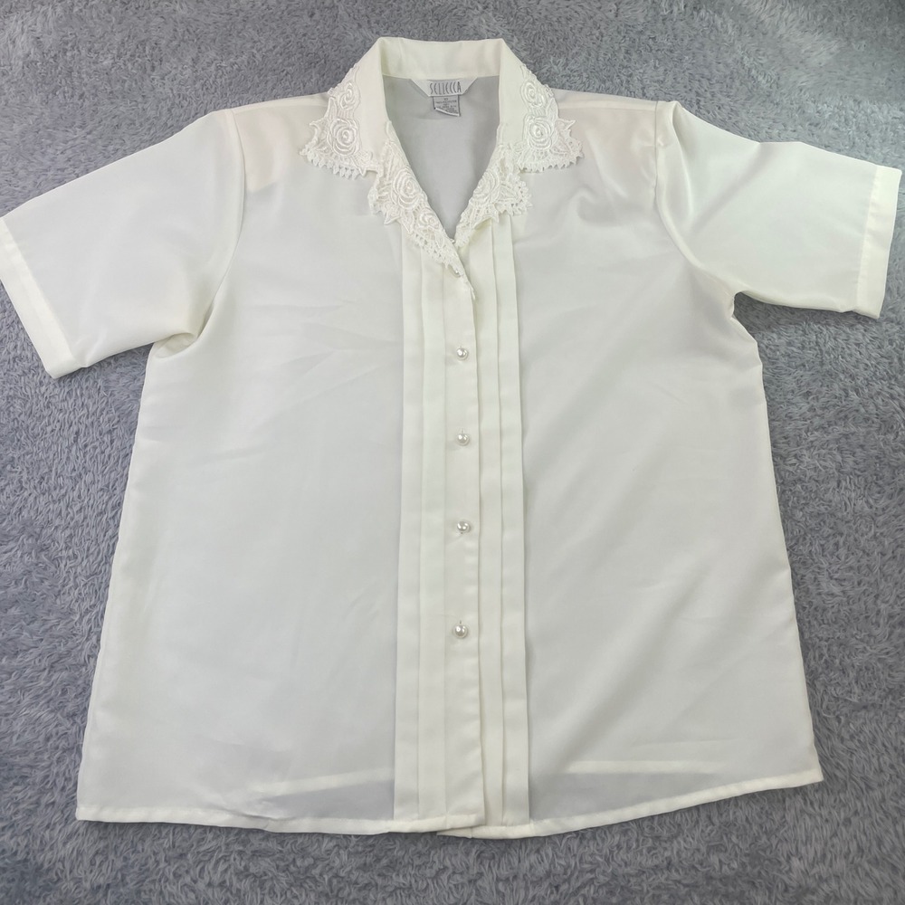 Sellecca Blouse Women 10 Ivory Lace Collar Pintuck Short Sleeve Button Down